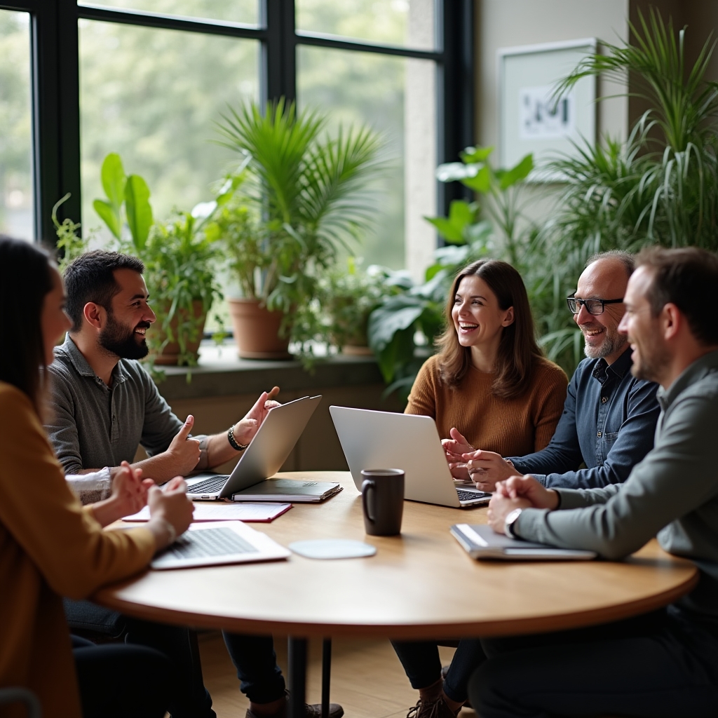 Vier Teilnehmende im Gespräch während einer Webinar-Pause